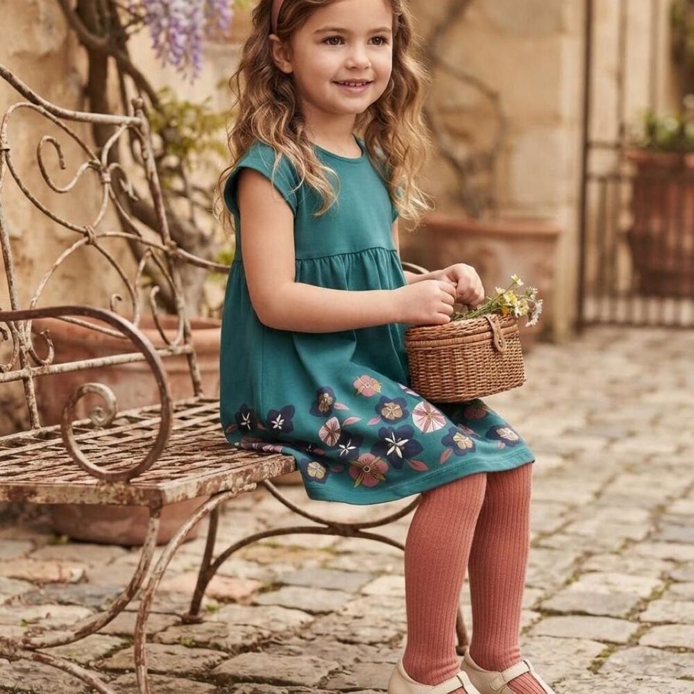 Tea Collection Girls Teal Floral Drop-Waist Knit Dress Size 6